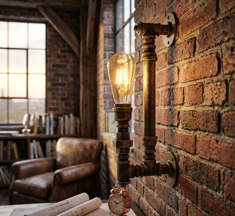 Industrial-style wall sconce with a glowing filament bulb mounted on a brick wall, shown in a warm, rustic room with a leather armchair and window in the background.