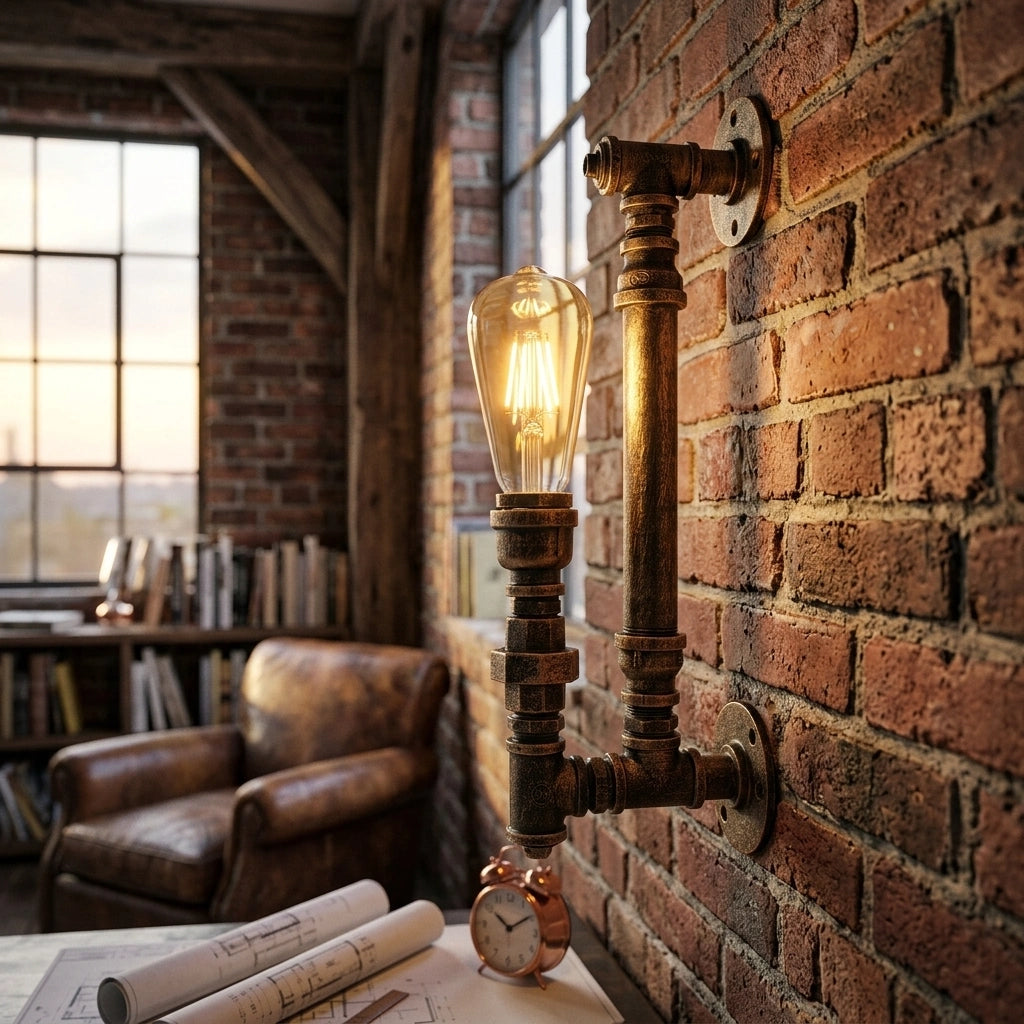 Industrial-style wall sconce with a glowing filament bulb mounted on a brick wall, shown in a warm, rustic room with a leather armchair and window in the background.