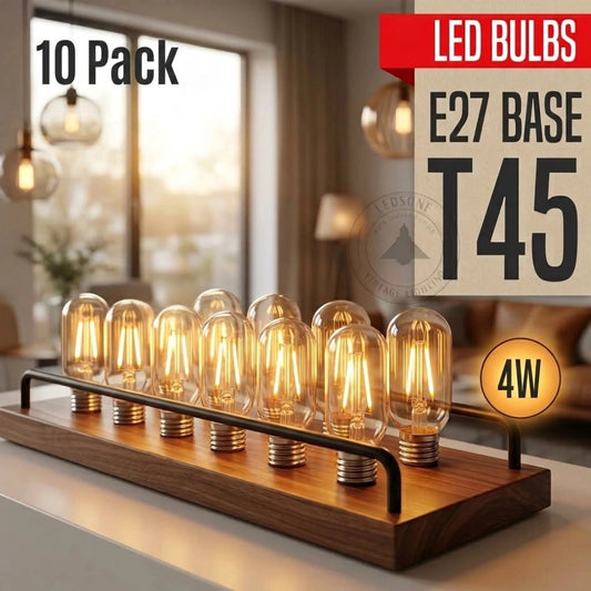 A 10-pack of warm white LED T45 Edison bulbs on a wooden base with a black metal frame, shown in a modern living room setting with text overlays.
