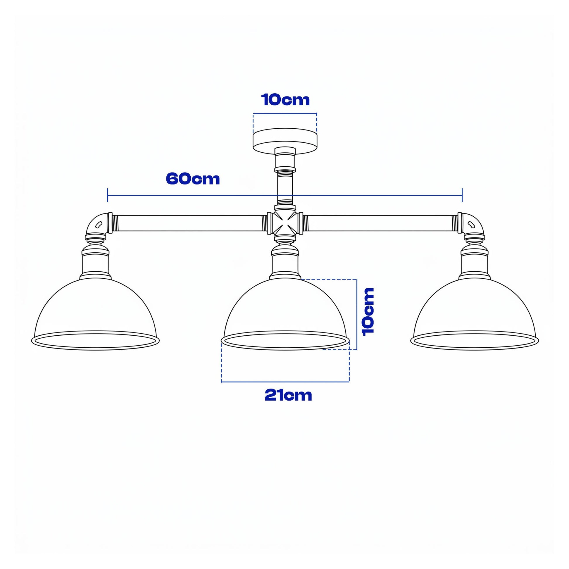 Technical dimension diagram of a three-light industrial ceiling fixture, showing measurements of 60cm span, 21cm shade width, 10cm fixture height, and 10cm top canopy width on a white background.
