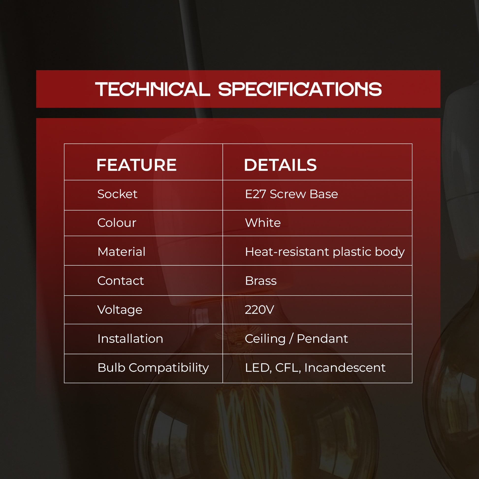 Technical specifications of a light fixture displayed on a dark background