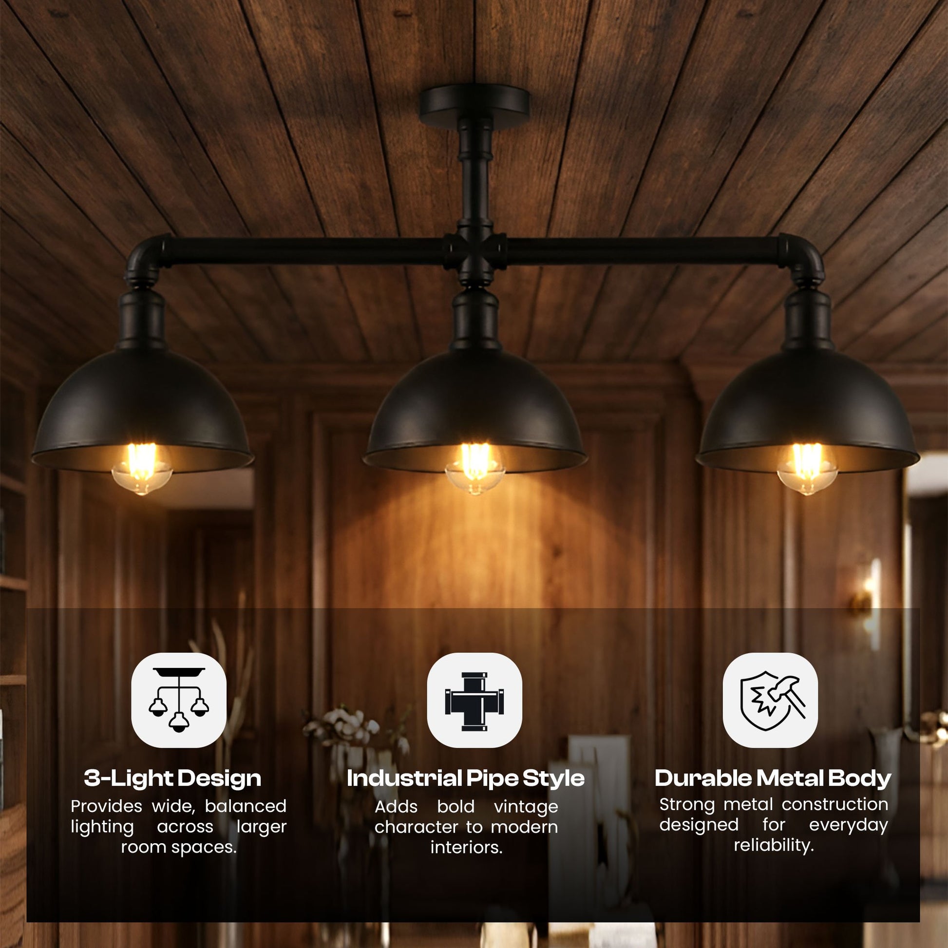 Three-light industrial-style ceiling fixture with wooden panel background