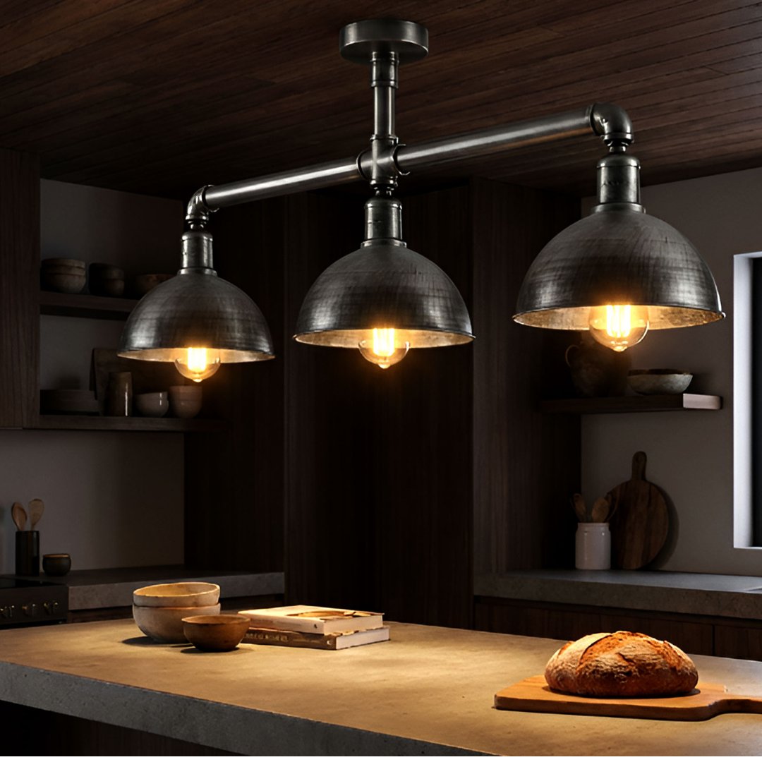 Three-light industrial pendant ceiling fixture with dark metal pipes and dome shades, shown hanging over a kitchen island with warm bulbs turned on.