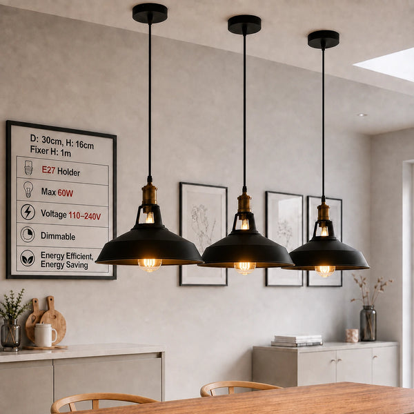 3-Pack Retro Industrial Style Metal Pendant Ceiling Lights ~6268 – Black / Without Bulb