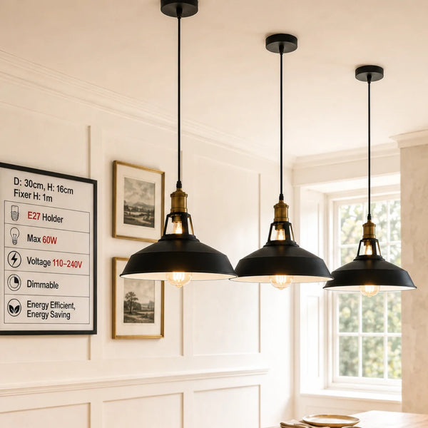 3-Pack Retro Industrial Style Metal Pendant Ceiling Lights ~6268 – Black Inner White / Without Bulb