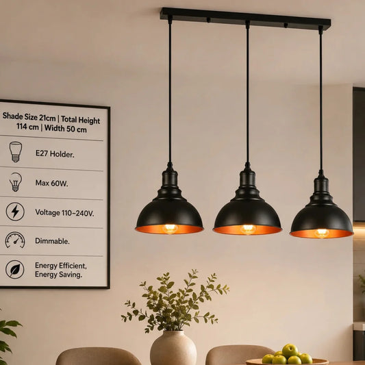 3-lichts zwarte industriële hanglamp voor plafond ~5264