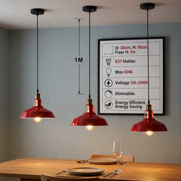 3-Pack Retro Industrial Style Metal Pendant Ceiling Lights ~6268 – Red / Without Bulb