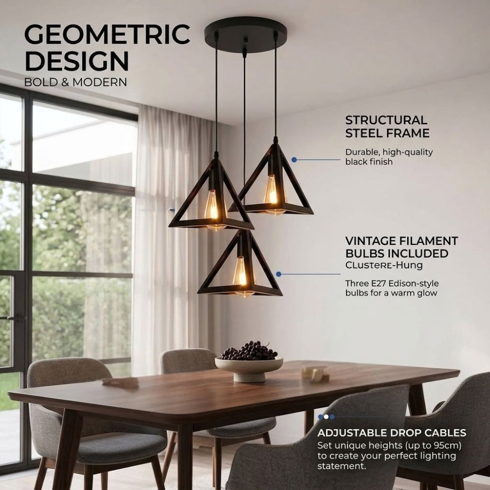 Three geometric triangular pendant lights with black steel frames and warm Edison-style bulbs hanging over a wooden dining table in a modern room. Text overlays describe the product features.