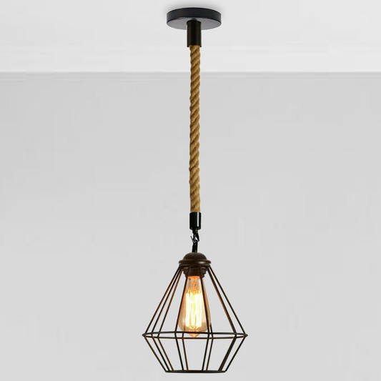 Vintgae E27 industriële hanglamp met retro kooi, Edison henneptouw plafondlamp ~ 2026