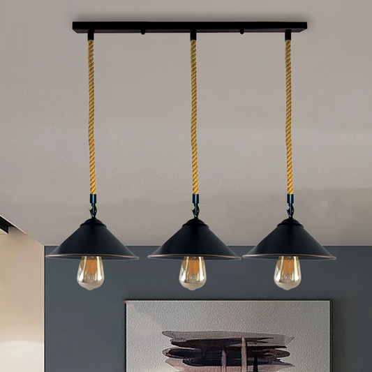 Three black hemp rope pendant lights