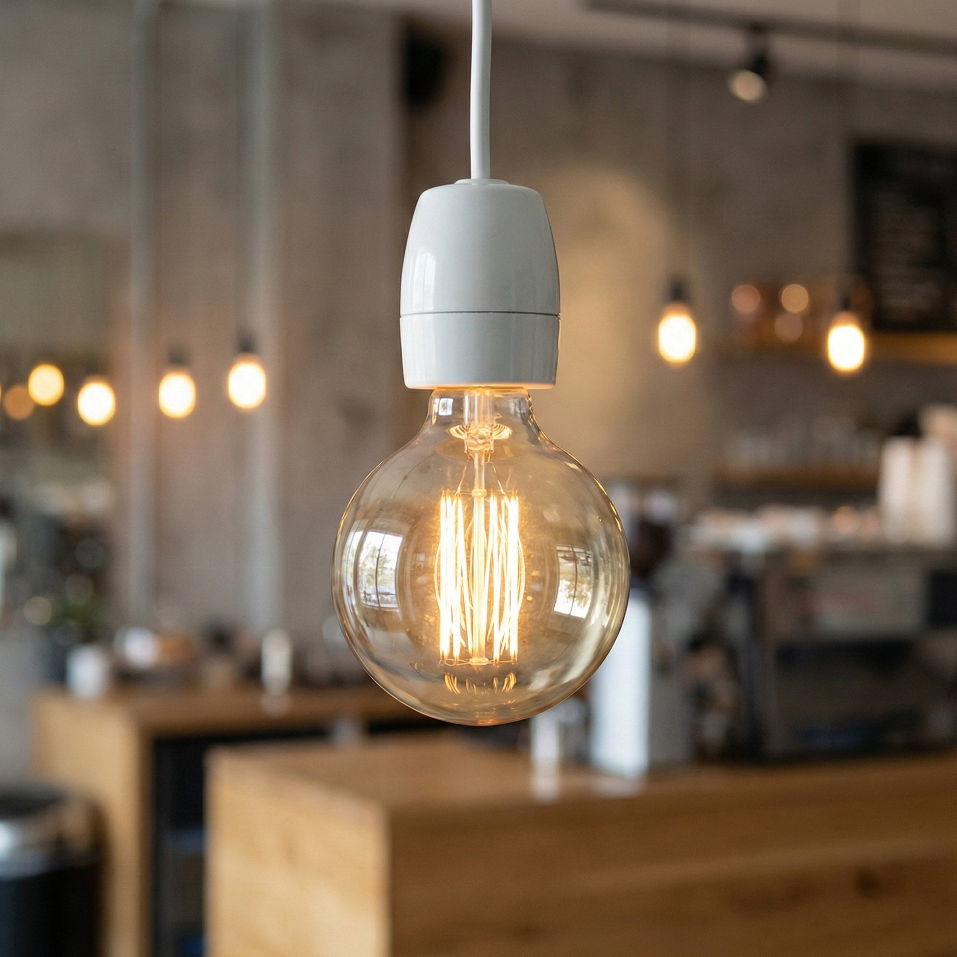 Vintage-style light bulb hanging in a softly blurred cafe setting