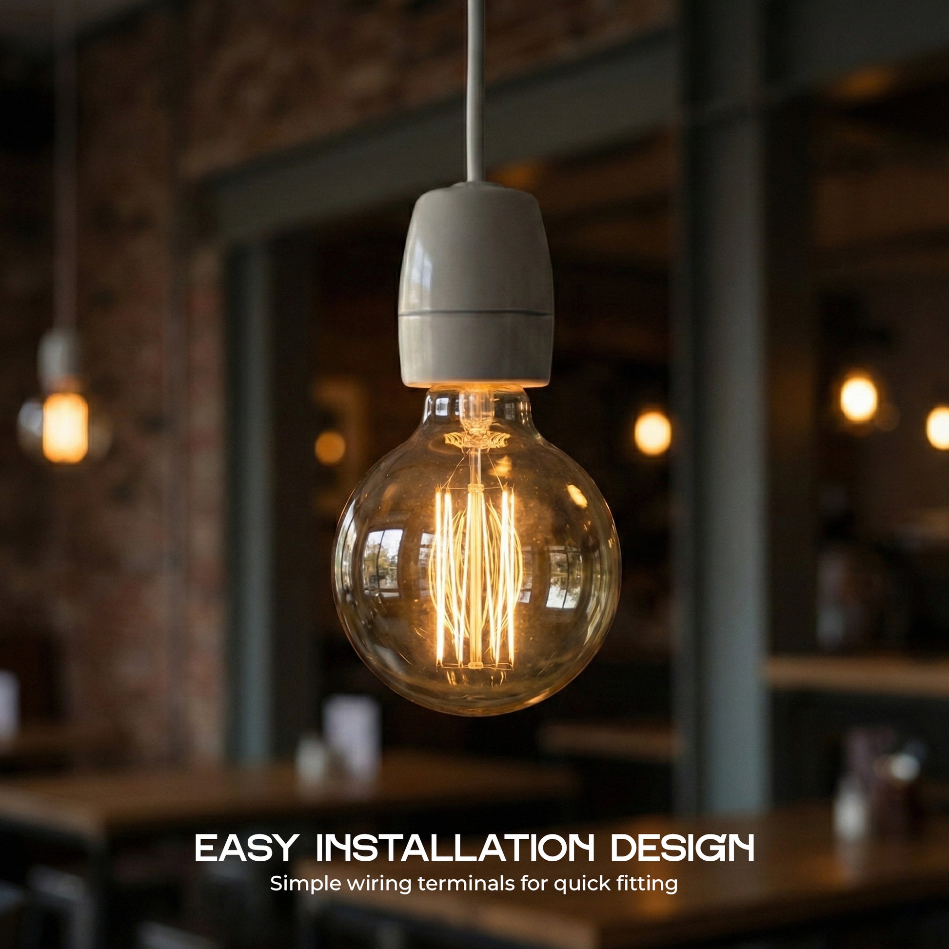 Vintage-style light bulb with text about easy installation design in a blurred indoor setting.