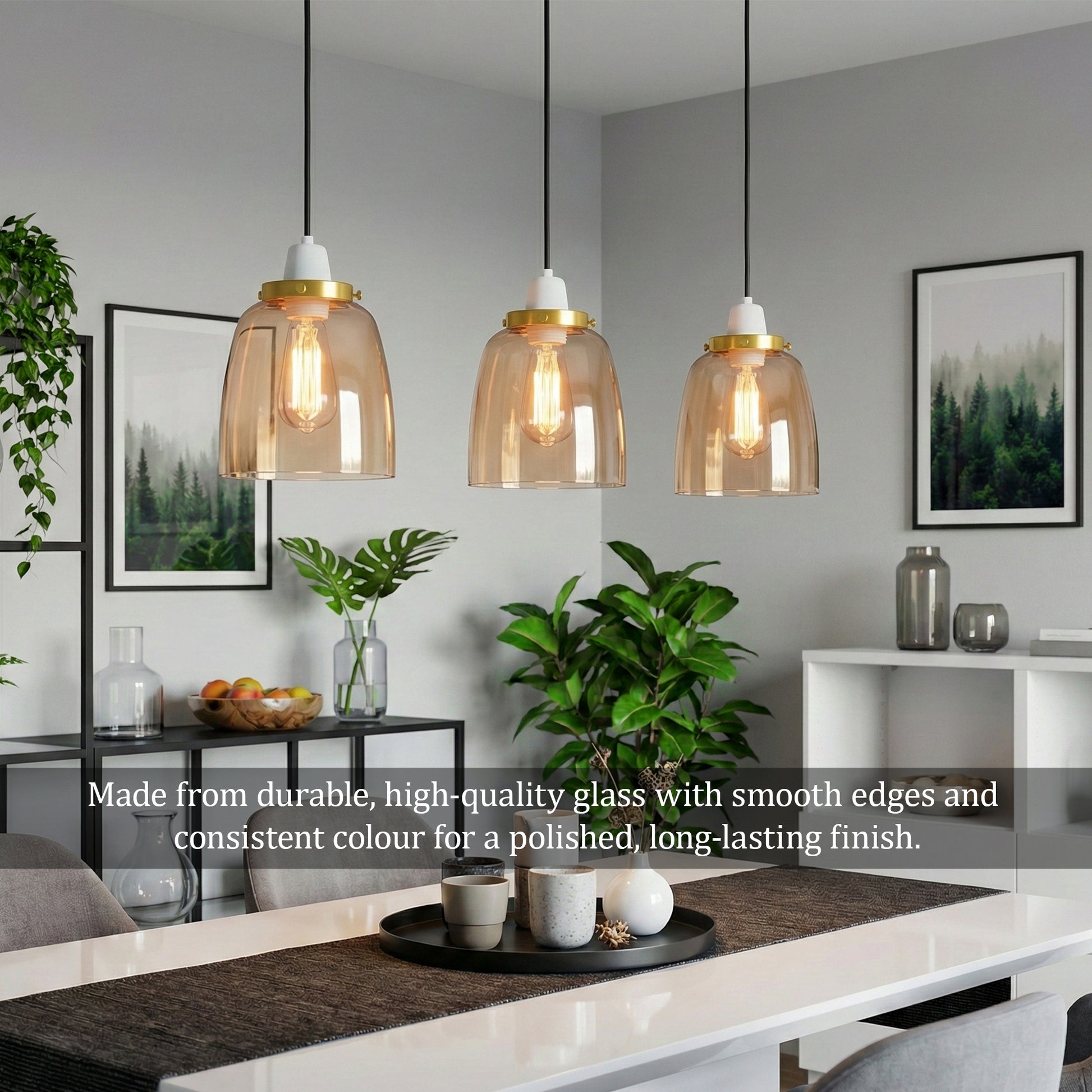 Modern dining room with pendant lights and decorative elements.