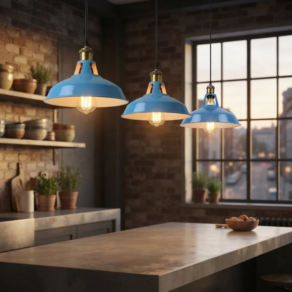 Three blue dome pendant lights with brass hardware hang over a kitchen island in a rustic brick kitchen setting.