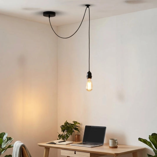 Modern pendant light hanging above a desk with a laptop and plants in a minimalistic room.