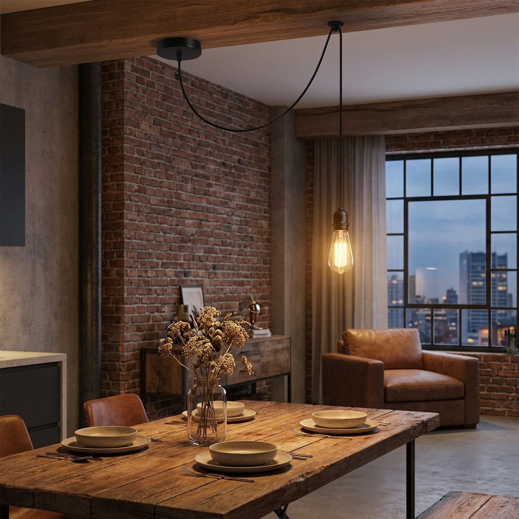 Modern dining room with wooden table, chairs, and a cityscape view.