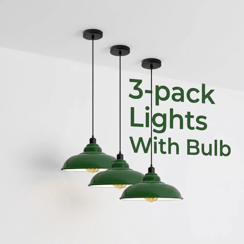 Three green pendant light shades hanging from black ceiling mounts against a white wall, with large green text reading '3-pack Lights With Bulb'.