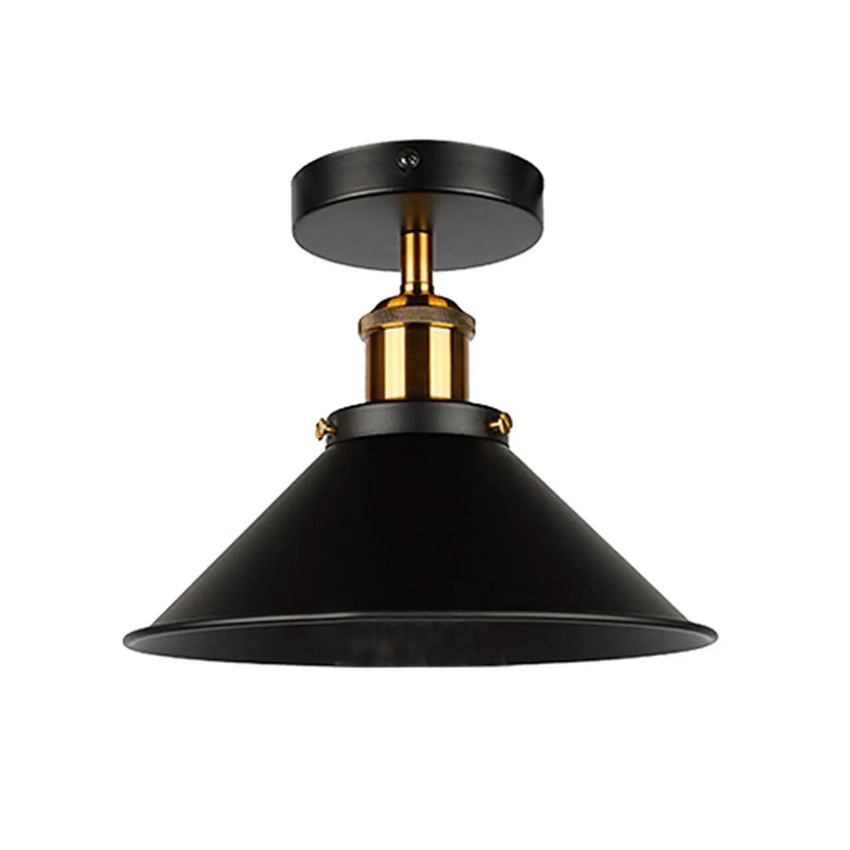 A black rustic industrial wall sconce with a conical light shade and a brass-colored base.