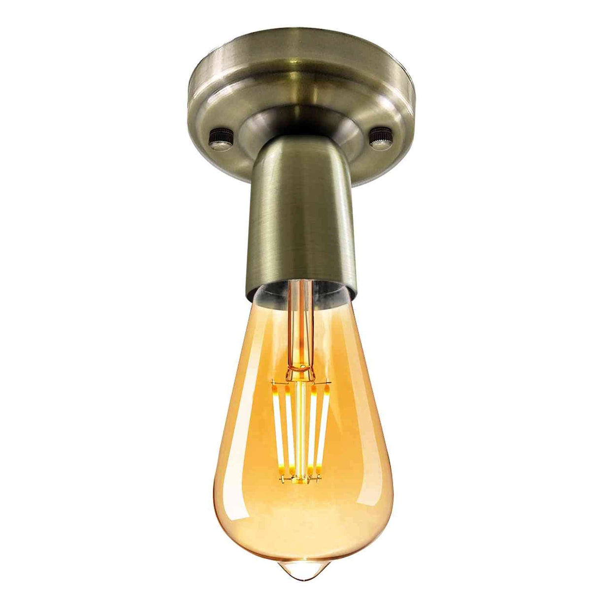 A single-segment LED light fixture with an antique brass finish and a warm amber glass bulb, shown against a solid white background.
