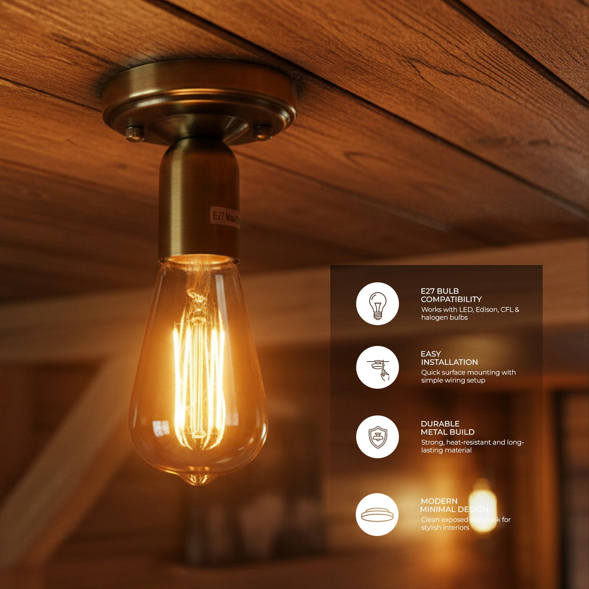 A warm glowing vintage-style Edison bulb hanging from a brass ceiling mount on a wooden ceiling, with a dark feature callout panel showing compatibility, easy installation, durable metal build, and modern minimalist design.