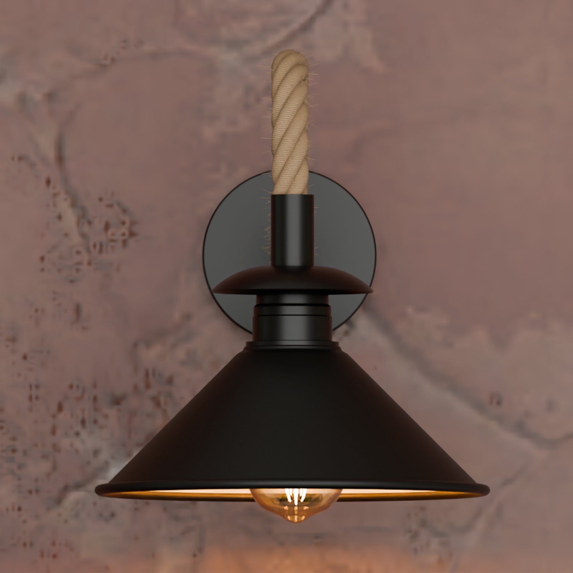 Black wall-mounted lamp with a textured wall background