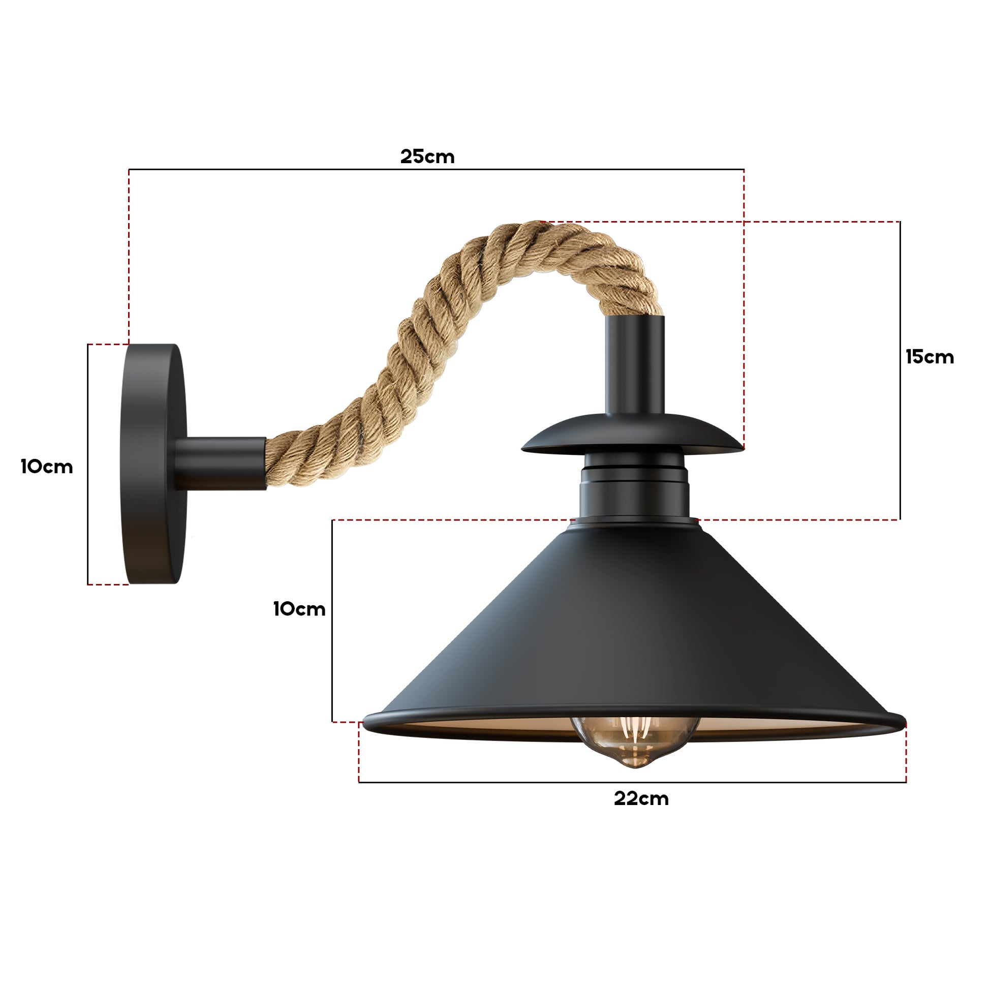 Black wall light fixture with rope design and dimensions on a white background