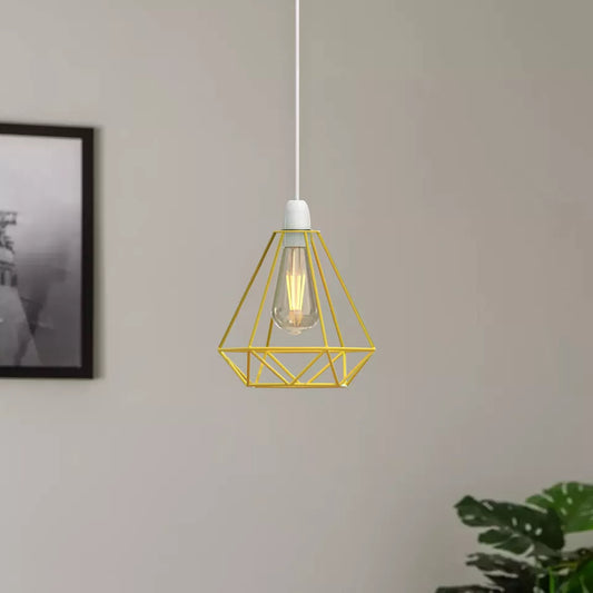 Moderne geometrische hanglamp met diamanten kap, plafondlamp, gele metalen draadframe, kooien ~ 1900