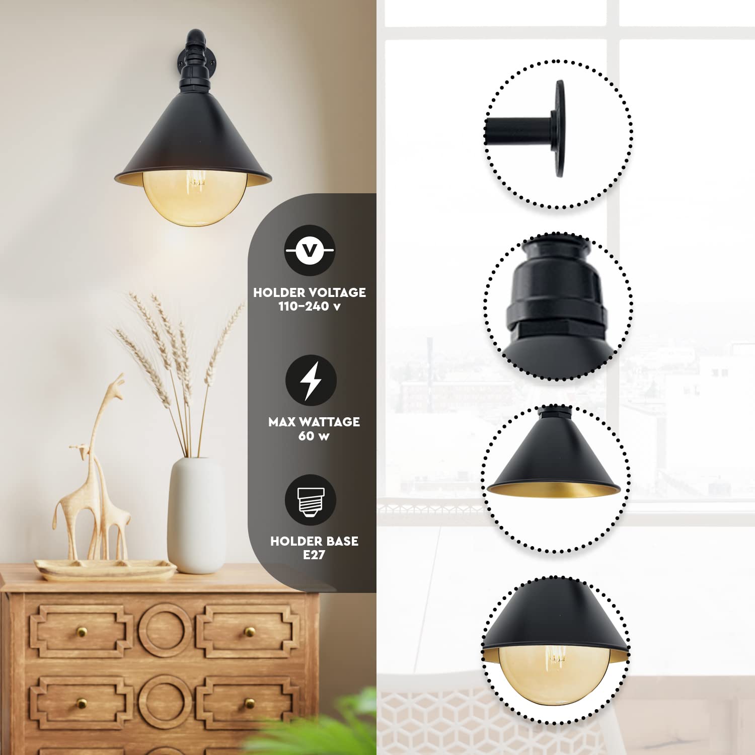  Industrial black metal wall lamp in a vintage style Shabby chic vintage wall light fixture for a living room Rustic copper wall sconce with a vintage-style bulb