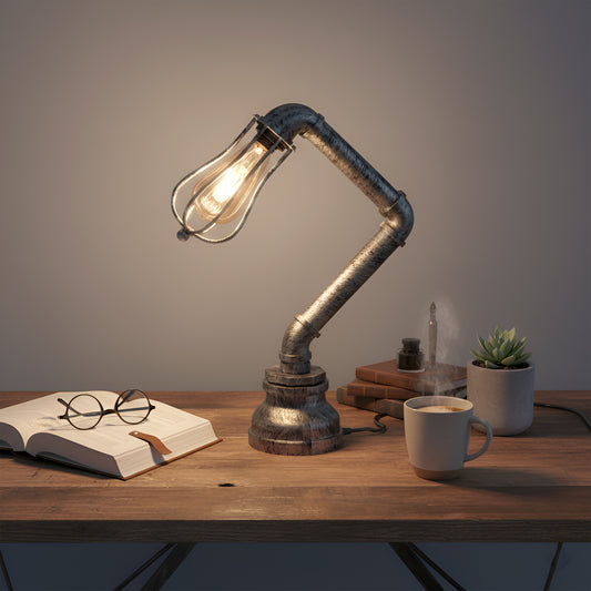 Industriële tafellamp van ijzeren waterpijp met lampbeschermingsdraadkooi ~1306