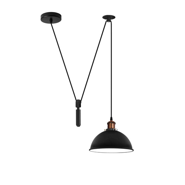 Black Metal Shaded 2M Pulley Pendant Light ~6398 – Black Inner White