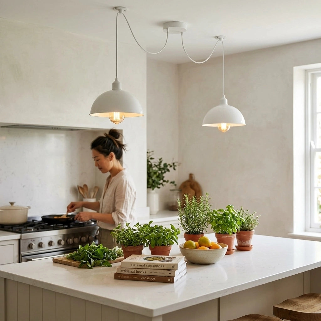 Two white dome pendant lights hanging over a modern kitchen island, with a woman cooking in the background. The kitchen features light stone walls, a white countertop, and several potted green plants and a bowl of lemons on the island.