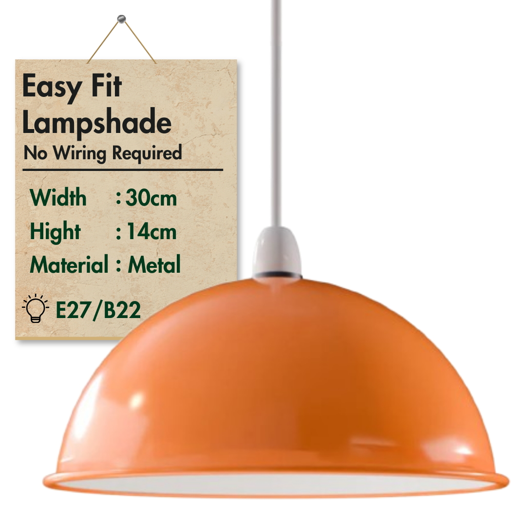 A dome-shaped metal lamp shade hanging from a ceiling light fixture, with a soft lighting effect in a room orange 30cm dome light shade, easy fit orange metal lampshade, 300mm retro pendant light cover orange, vibrant industrial ceiling shade, E27 easy fit shade orange