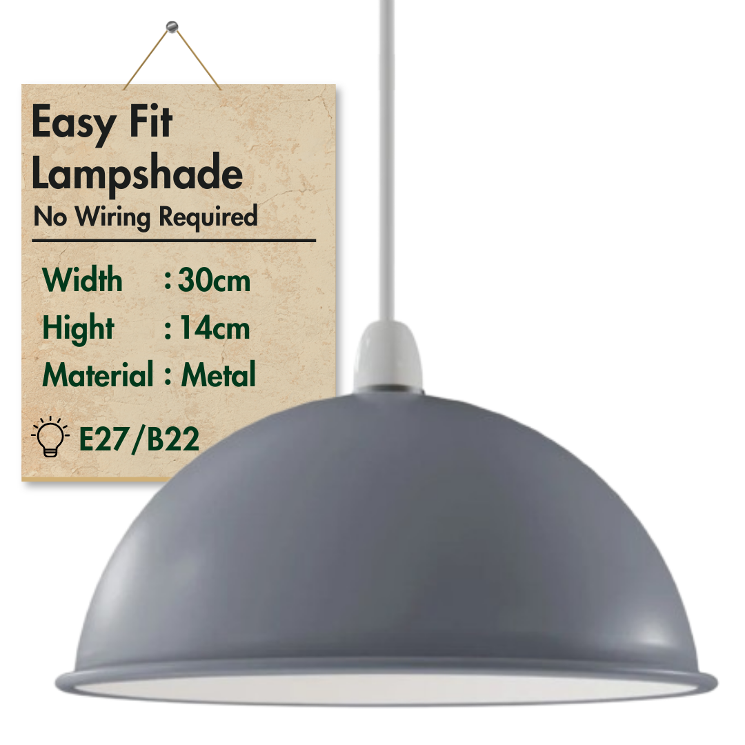 30cm metal dome light shade with E27 bulb fitting grey 30cm dome light shade, easy fit grey metal lampshade, 300mm retro pendant light cover grey, industrial ceiling shade grey, E27 easy fit shade grey