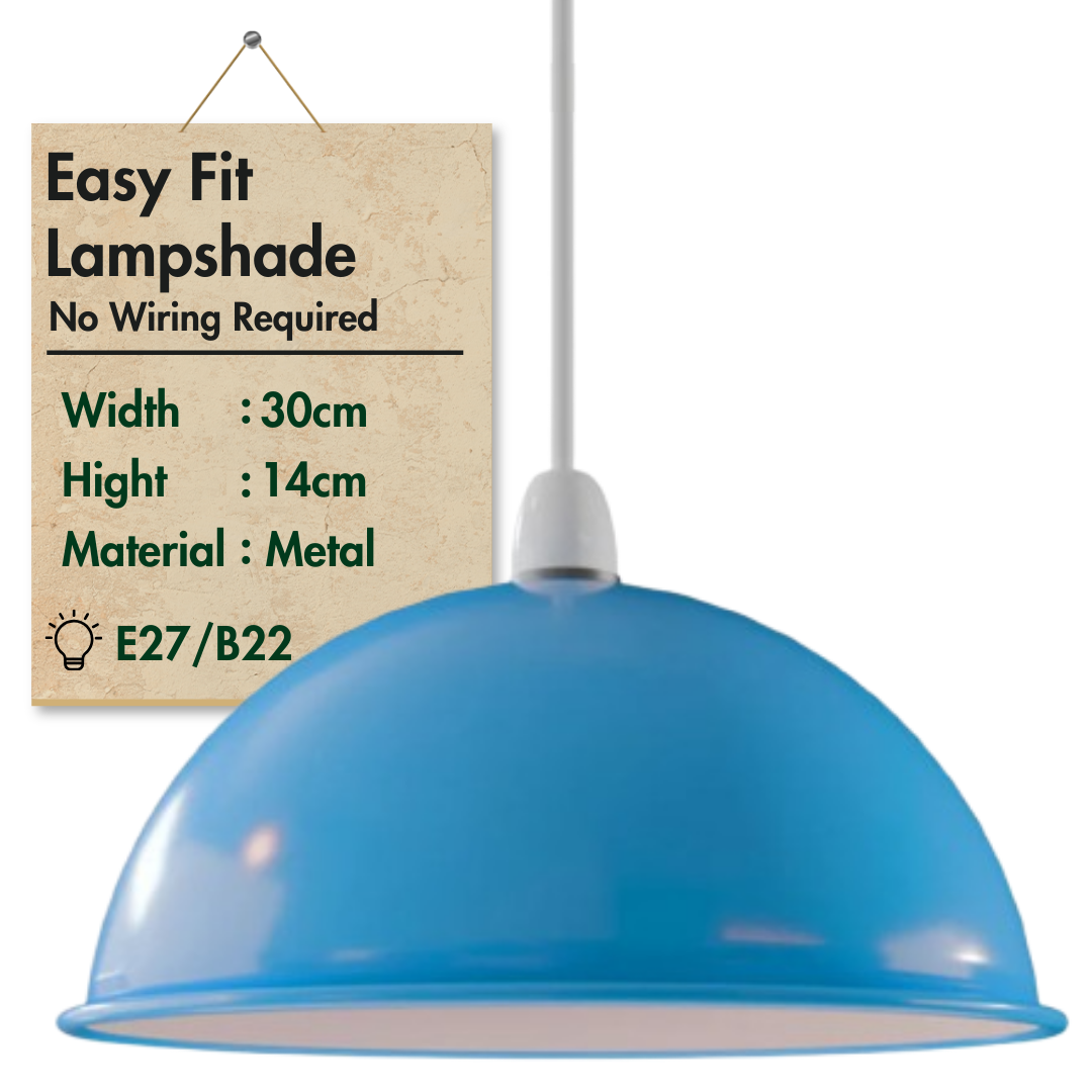 30cm metal dome light shade with E27 and B22 bulb fitting blue 30cm dome light shade, easy fit blue metal lampshade, 300mm retro pendant light cover blue, vibrant vintage ceiling shade blue, E27 easy fit shade blue