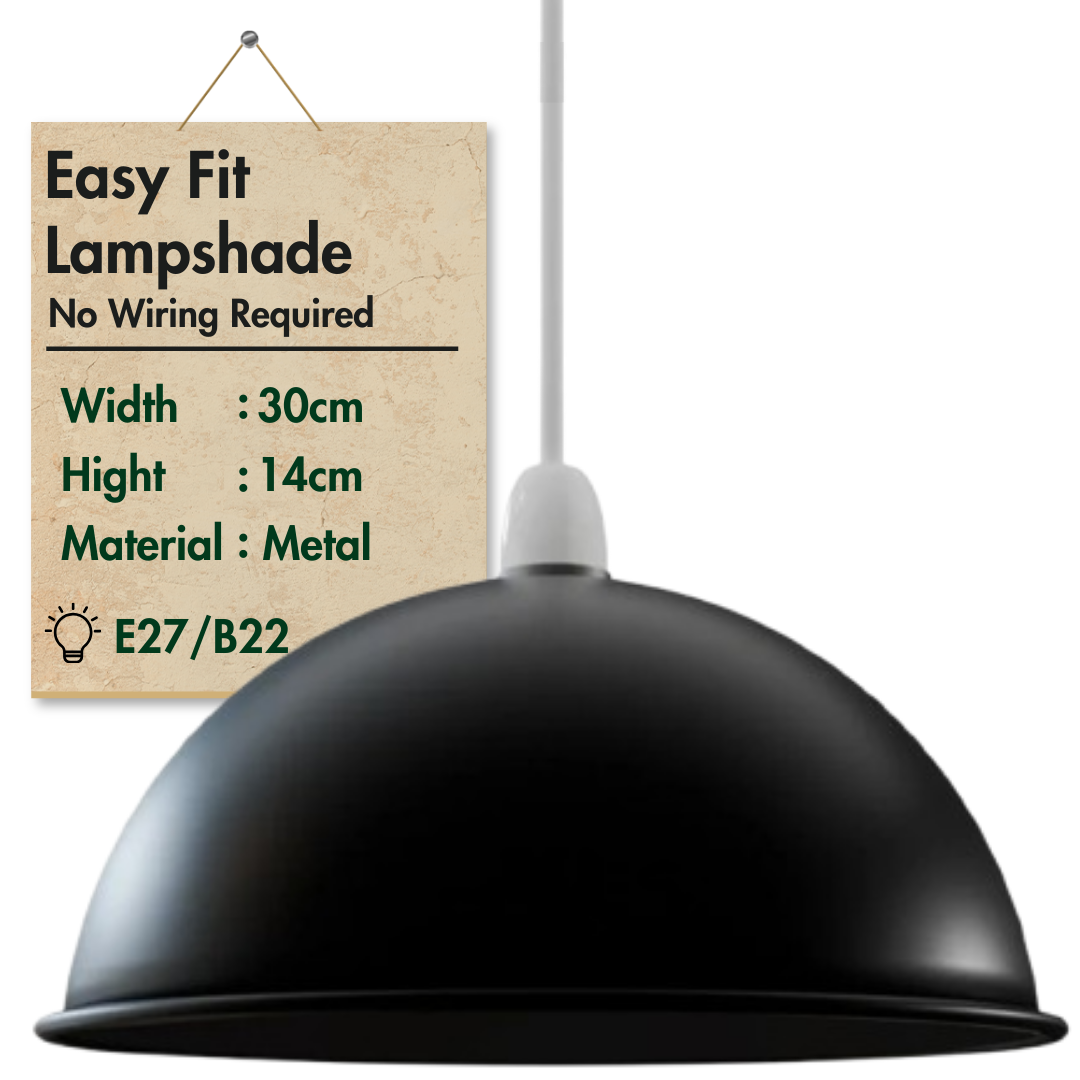 A black dome-shaped metal lamp shade hanging from a ceiling light fixture, with a soft lighting effect in a room black 30cm dome light shade, industrial black metal lampshade, easy fit E27 ceiling shade black, 300mm retro pendant light cover, black vintage kitchen light shade