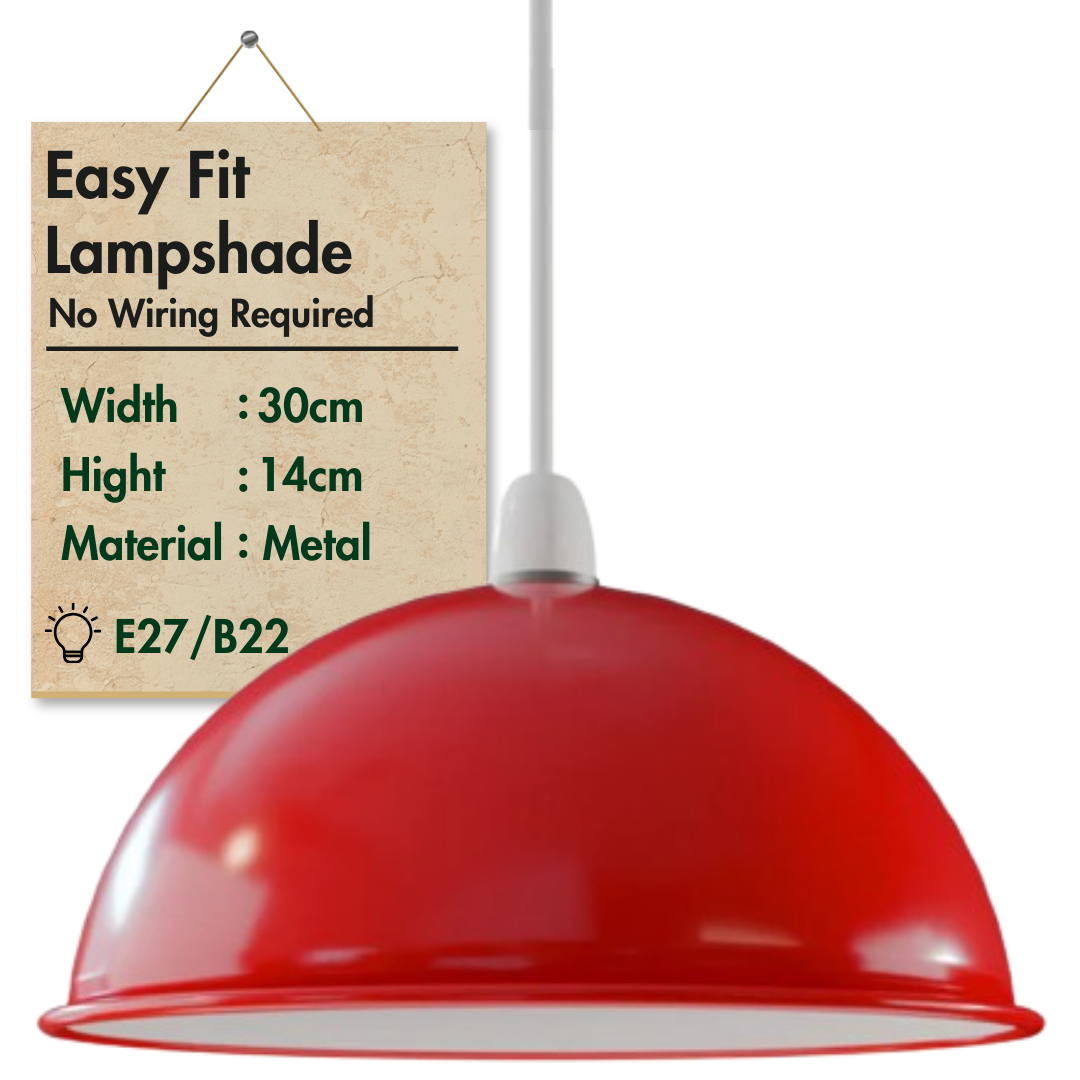 30cm dome pendant lights in a modern dining room red 30cm dome light shade, easy fit red metal lampshade, 300mm retro pendant light cover red, bold industrial ceiling shade red, E27 easy fit shade red
