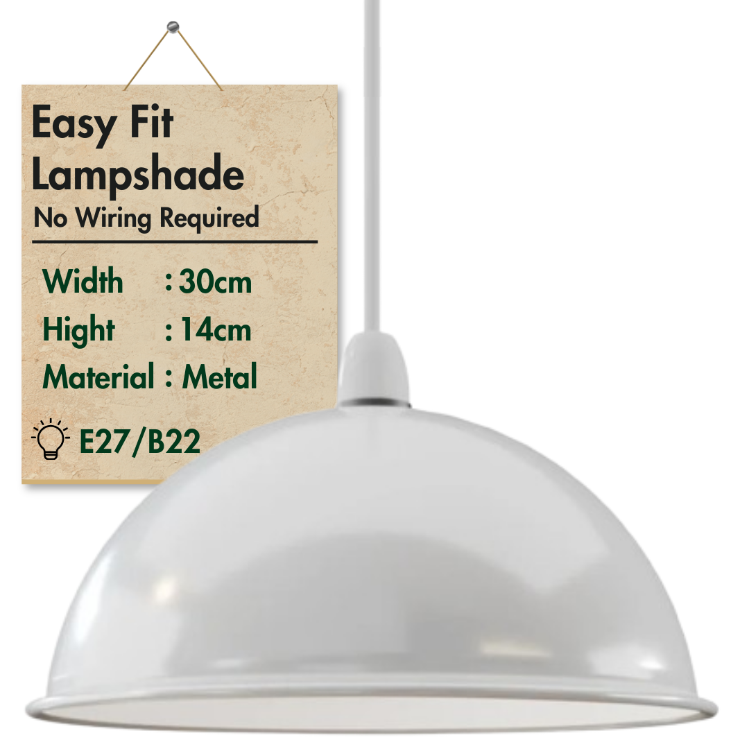 white 30cm dome light shade, easy fit white metal lampshade, 300mm retro pendant light cover white, modern white ceiling shade, E27 easy fit shade white