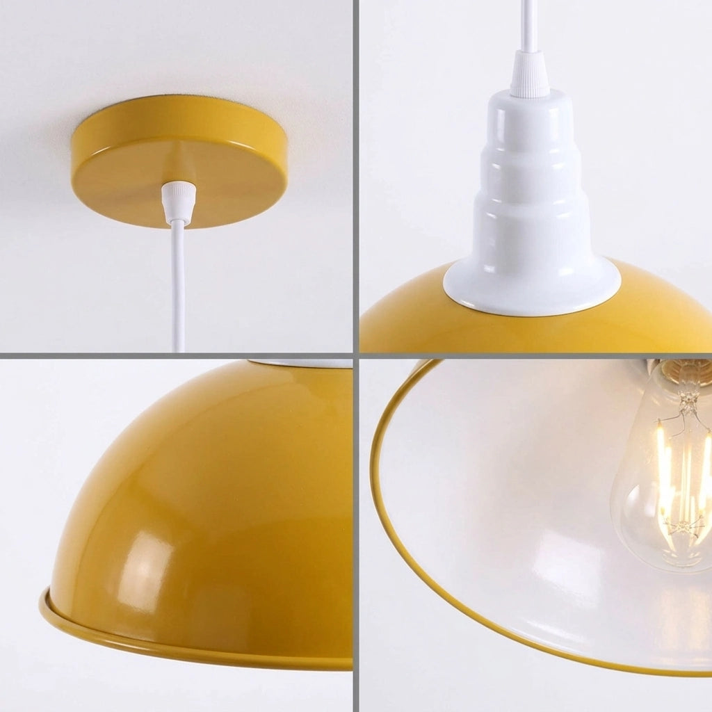 A 2x2 collage showing close-up details of a pendant light fixture: ceiling canopy and cord, white socket and upper dome, yellow metal shade, and the lit bulb inside a clear glass shade.