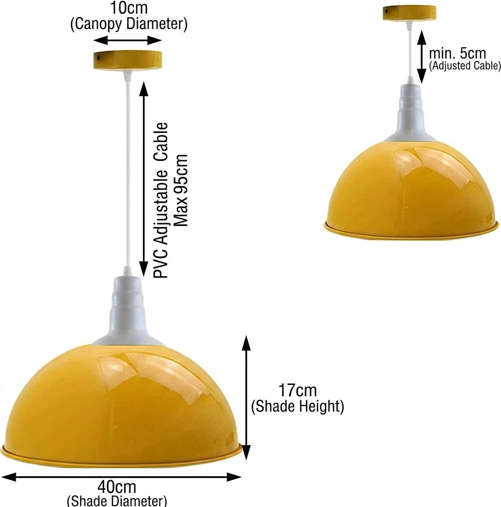 Yellow dome-shaped pendant light with adjustable white neck and canopy, shown with dimension labels for canopy diameter 10cm, adjustable cable up to 95cm, min. 5cm cable adjustment, shade height 17cm, and shade diameter 40cm on a white background.