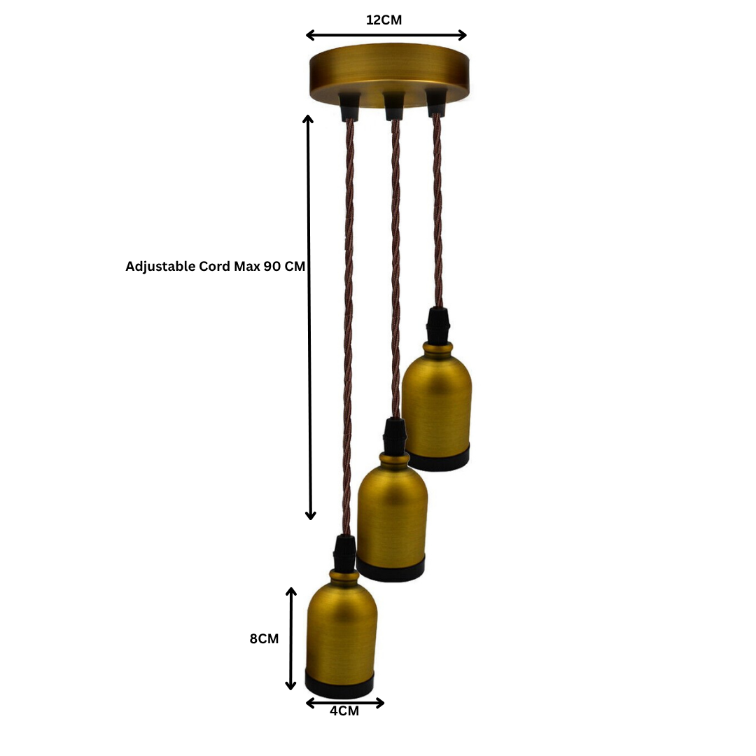 Gold pendant light fixture with adjustable cord on a white background