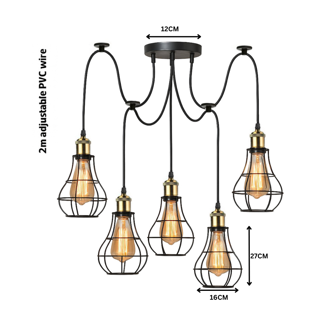 Ceiling light fixture with adjustable wires and dimensions on a white background