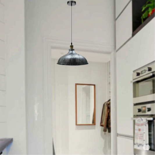 Geborsteld zilverkleurig metaal, industriële hanglamp, verstelbare hanglamp voor in de schuur~1952