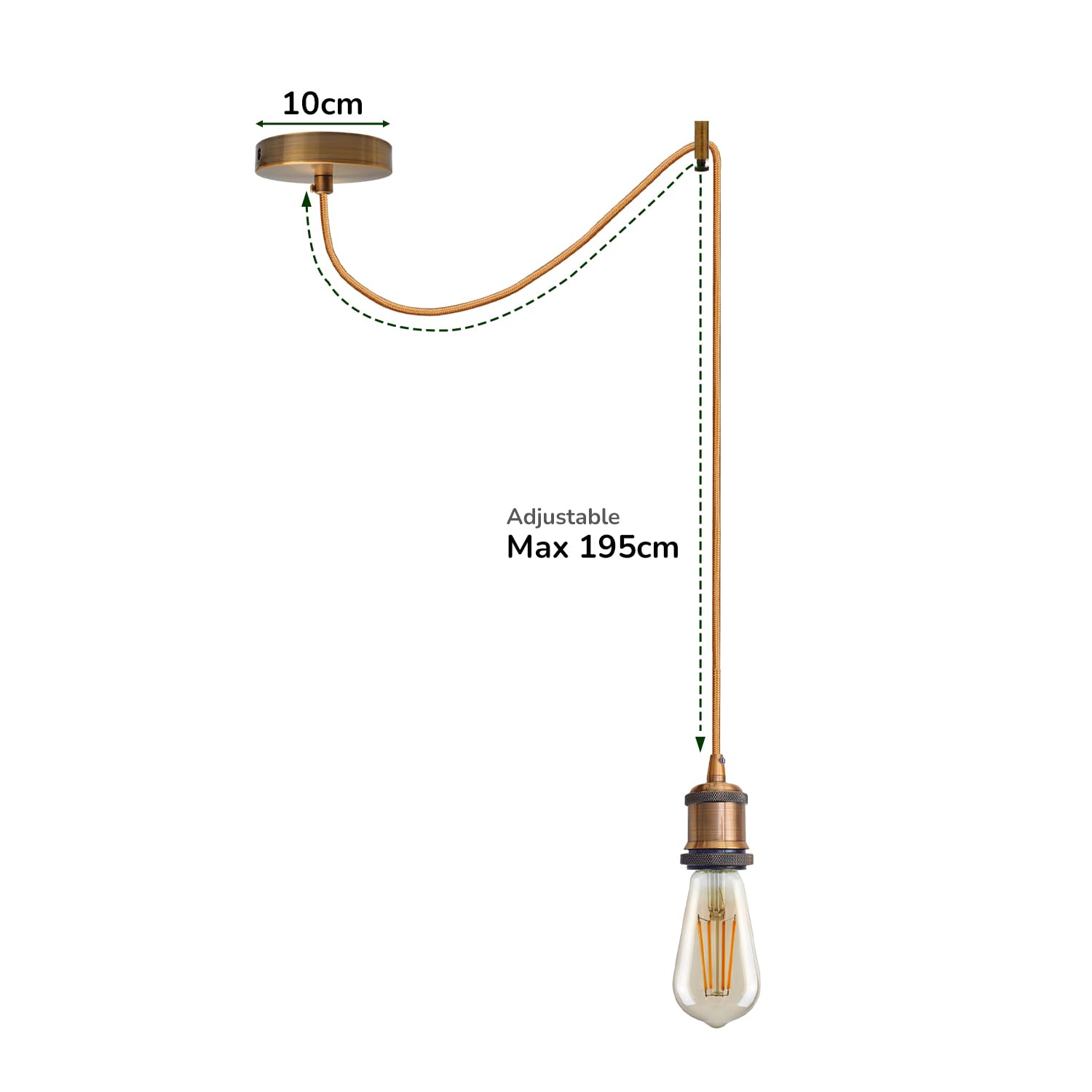Vintage-style pendant light with adjustable cable length measurement on a white background