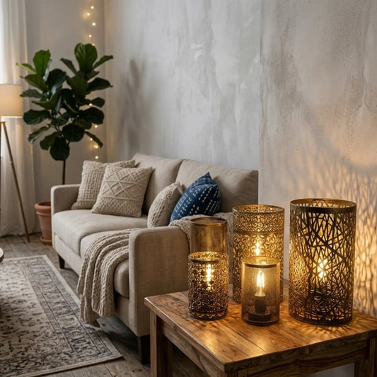 Living room with a couch, decorative pillows, and lit candle holders on a wooden table.