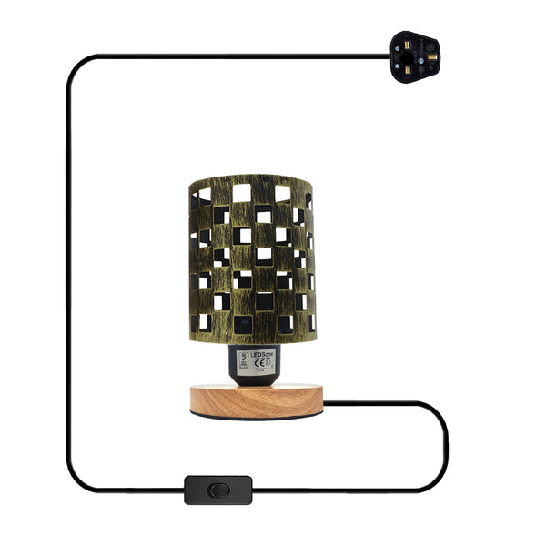 Klein nachtkastje lampje antiek messing + houten standaard ~5353 – Geborsteld messing / Nee