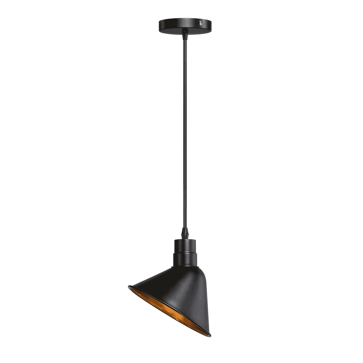 Black industrial cone pendant ceiling light with a copper gold inner finish hanging on a black cord against a white background.