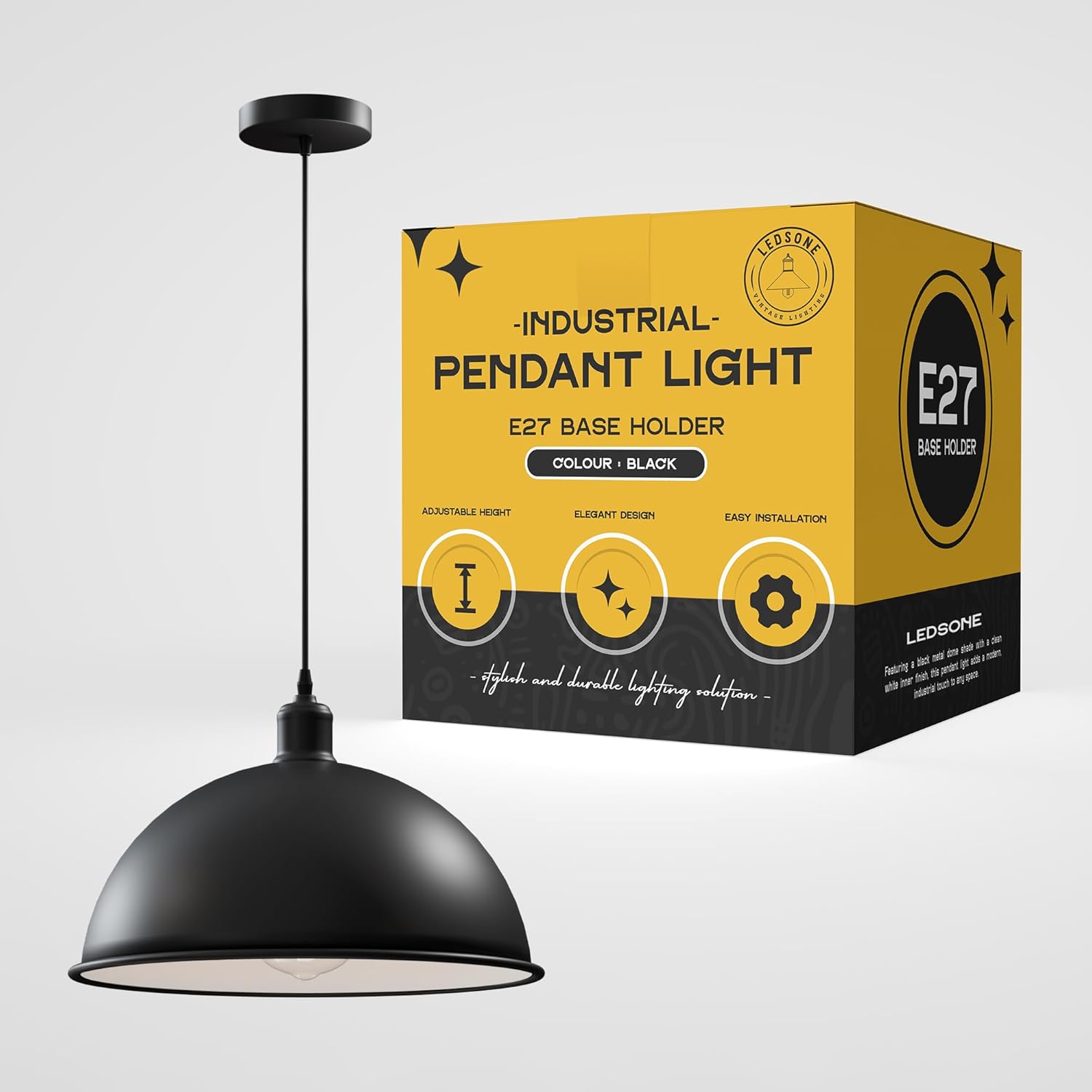 black dome pendant light, matte black hanging lamp, industrial black kitchen light, single E27 black ceiling fixture, buy black metal dome light