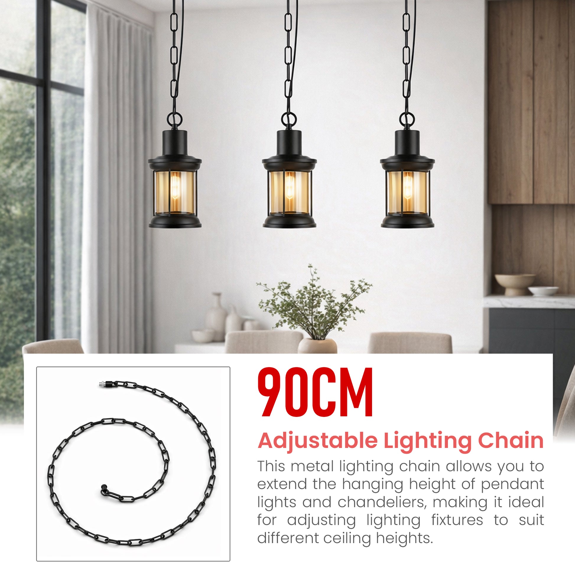 Three pendant lights hanging in a room with an adjustable lighting chain extension shown below.