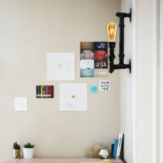 Industrial pipe wall light fixture in matte black finish