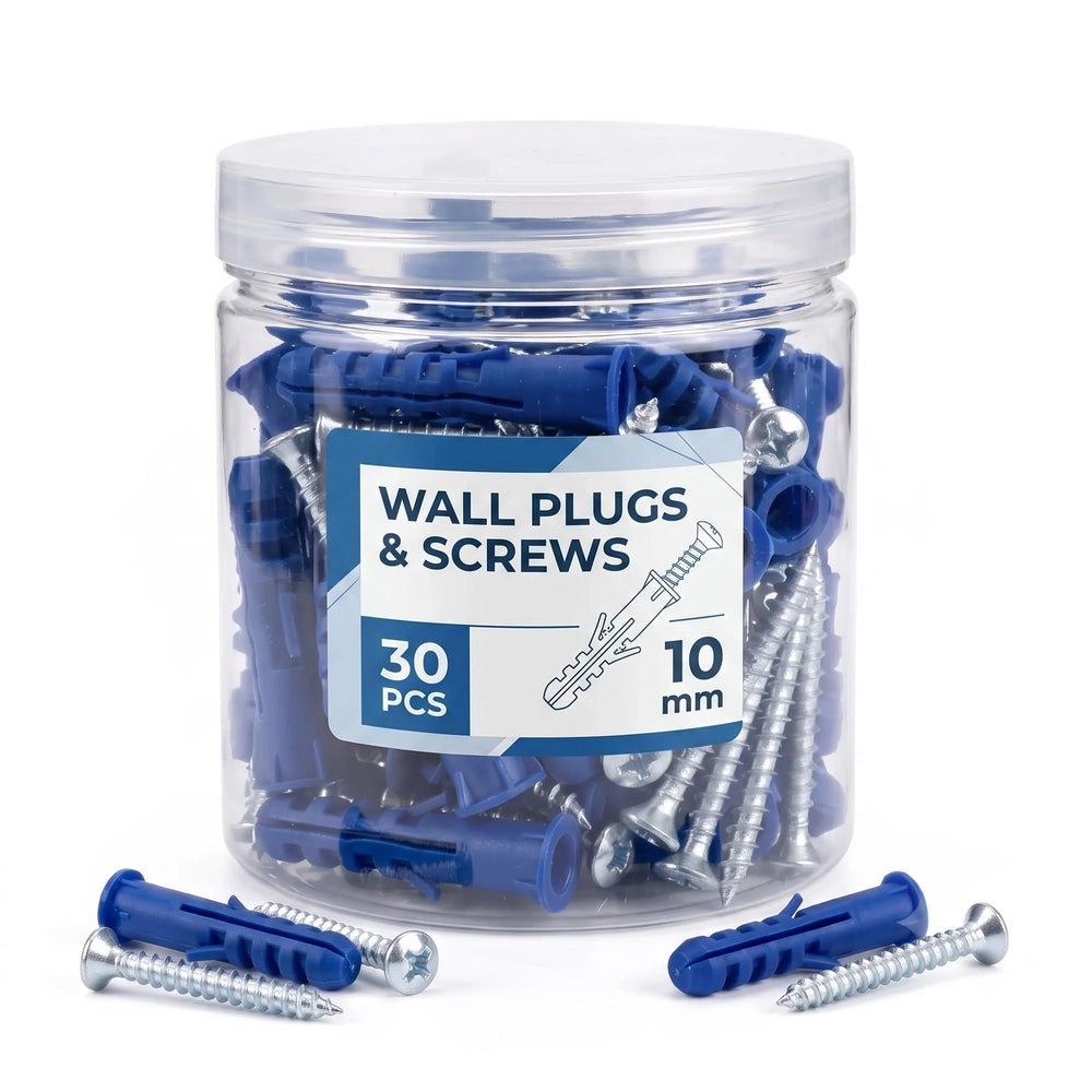 tub of 30 blue 10mm wall plugs and screws with loose plugs